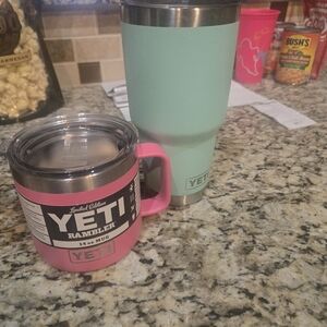 Yeti Pink 14 oz Mug with Mint Green Rambler Tumbler Set